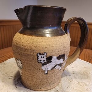 Art Pottery Farmhouse Cow Pinched Spout Pitcher Signed